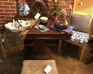 Empire pedestal table circa 1820's; bronze slag glass lamp; needlepoint stool