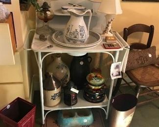 Very old metal wash stand with bowl and pitcher