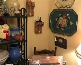 Tole trays, corbels and old signs