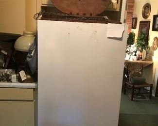 Upright Maytag Freezer; antique dough bowl; antique rug beater