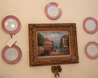 Oil painting city scene; 5 Royal Beyreuth plates