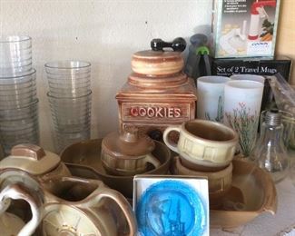 Frankoma wagonwheel dish set, cookie jar, travel glasses, glassware set, salt and pepper shakers shaped like lightbulb 