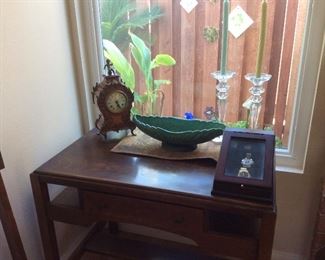 Vintage writing desk, art and crafts style, vintage clock, retro planter, men’s watches in display case