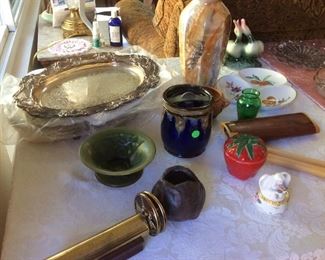 Silver plate trays, pottery, kaleidoscopes