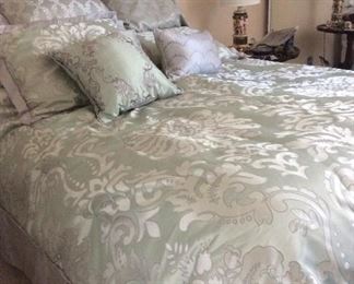 Queen size bed with pillow top mattress!  Also queen size comforter, pillows and curtain panel-all matching