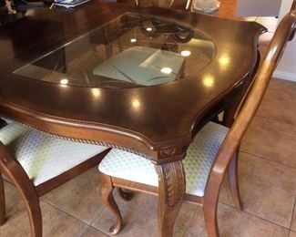 Dining table, with glass panels, 4 chairs plus leaf