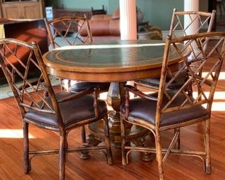 ROUNG WOOD/METAL/LEATHER TABLE W/ BAMBOO CHAIRS