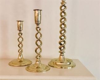 Antique open barley twist brass candle sticks. Stamped ENGLAND,