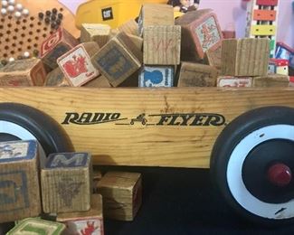 Vintage Radio Flyer wagon and various vintage wood toys 