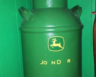 Vintage milk can with John Deere seat and decor