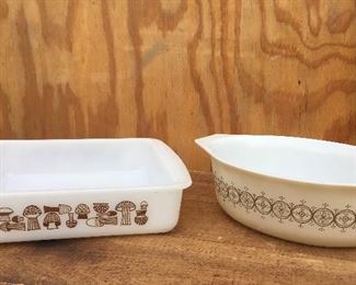 Vintage Glasbake Mushroom square baker; vintage Pyrex Olive Medallion casserole