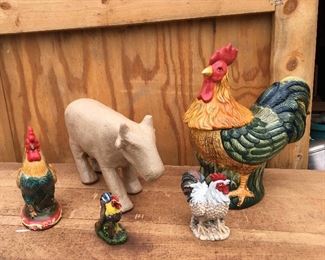 Farm figurines along with rooster cookie jar