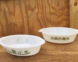 Vintage Glasbake green flower oval baker; vintage Fire King Green Meadow oval baker