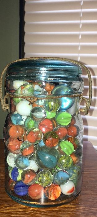 Vintage marbles in aqua Ball jar