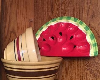 Vintage mixing bowl; watermellon egg plate