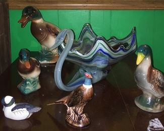 Various bird figurines; vintage Murano glass swan