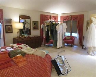 vintge clothing including 1940's girl scouts, german clothing, wedding dresses, MCM bedroom set