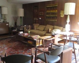 MCM side chairs, tables, Umnahoff magazine rack, oriental rug, lamps ,Gerlach fiber art