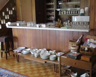 Edward Wormley "Long John" bench/coffee table, side table with vintage bar ware