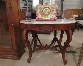 marble top turtle table, antique clock