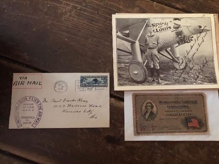 Democratic National Convention Kansas City 1900 ticket , Lindbergh 1st day cover Stamp. And photo 