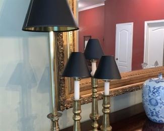 Brass candlesticks with shade toppers and matching the Brass lamp