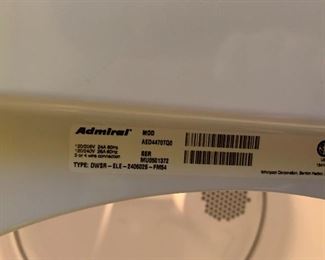 Admiral Washer AED4470TQ0	 	
Admiral Dryer ATW4471TQD
