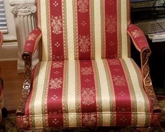 One of a Pair of upholstered side chair beautiful carving claw and ball feet