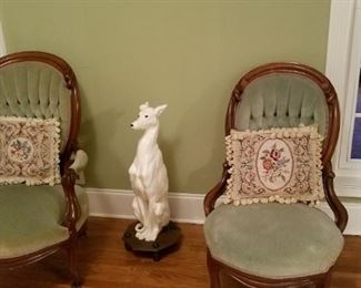 Victorian Side Chairs and great Greyhound porcelain statue