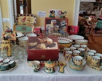 Just one table of two full tables of Lenox Winter Greetings China, plates, cups accessories and everything!!
