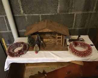 Antique Bottlebrush Wreaths and Wood Nativety
