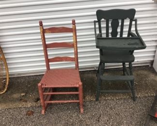 Antique rocker with woven seat and high chair 