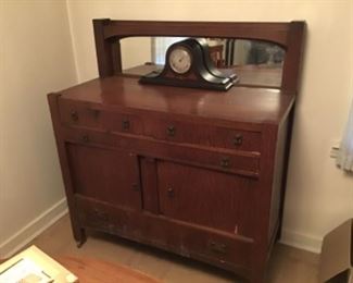 Antique Oak Buffet. Mantel Clock by Ingraham