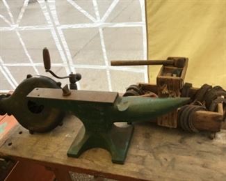 28” Anvil / Blower made in Sweden late 1800’s .  Also a wooden carrying tray with horseshoes, etc.