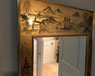 Reverse painted, gold leaf chinoiserie mirror