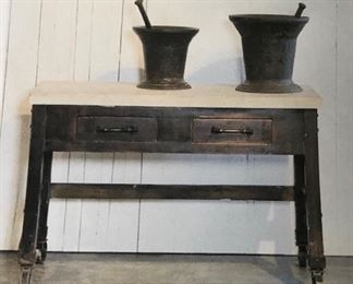 Antique Printers Marble Table with 2 drawers and casters 