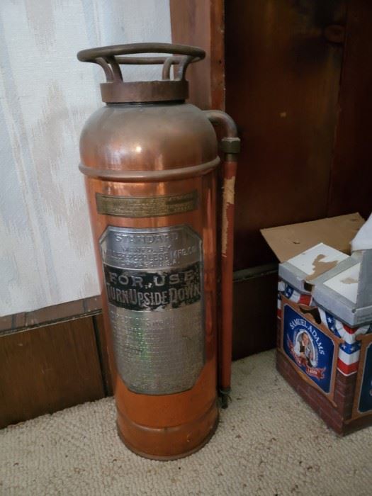 Cool Old Copper Fire Extinguisher.  Bring it home to get your Daughters new Boyfriend to go AWAAAAAYYY!