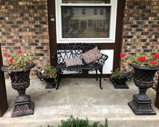 WROUGHT IRON BENCH AND POTS