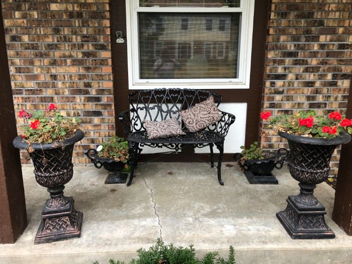WROUGHT IRON BENCH AND POTS