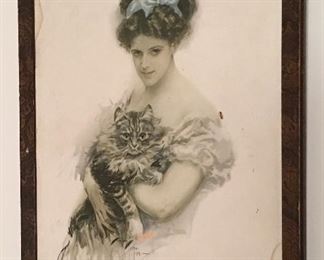 VICTORIAN LADY & CAT ART