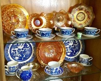 CARNIVAL GLASS & FLOW BLUE TYPE CHINA.