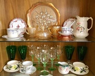 ELEGANT GLASS & CHINA. IRIS HERRINGBONE AMBER, FOSTORIA ELEGANT VASELINE GLASS, FOSTORIA COLONIAL DAME GREEN STEMS.