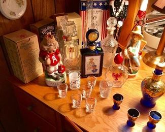 VINTAGE DECANTERS & BLUE WITH GOLD LIQUOR BOHEMIAN SET