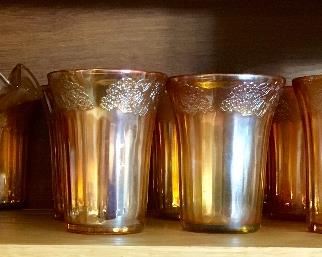 FANCY AMBER TUMBLERS & RUFFLED BOWL