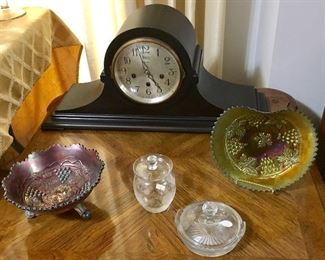 ANTIQUE SHELF CLOCK & CARNIVAL GLASS