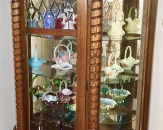 VERY FINE VINTAGE WOOD TWIST COLUMNS & CURVED GLASS CABINET.