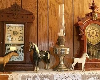 VINTAGE HORSES & MANTLE CLOCKS.