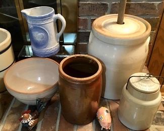 VINTAGE BUTTER CHURN AND MASON CROCK.