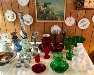 ART MARBLED GLASS, RUBY RED & GREEN.