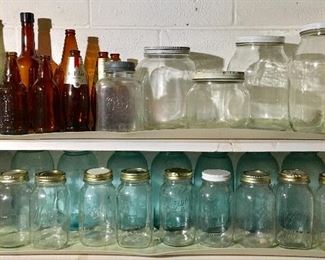 Vintage canning and fruit jars plus Hoosier cabinet jars